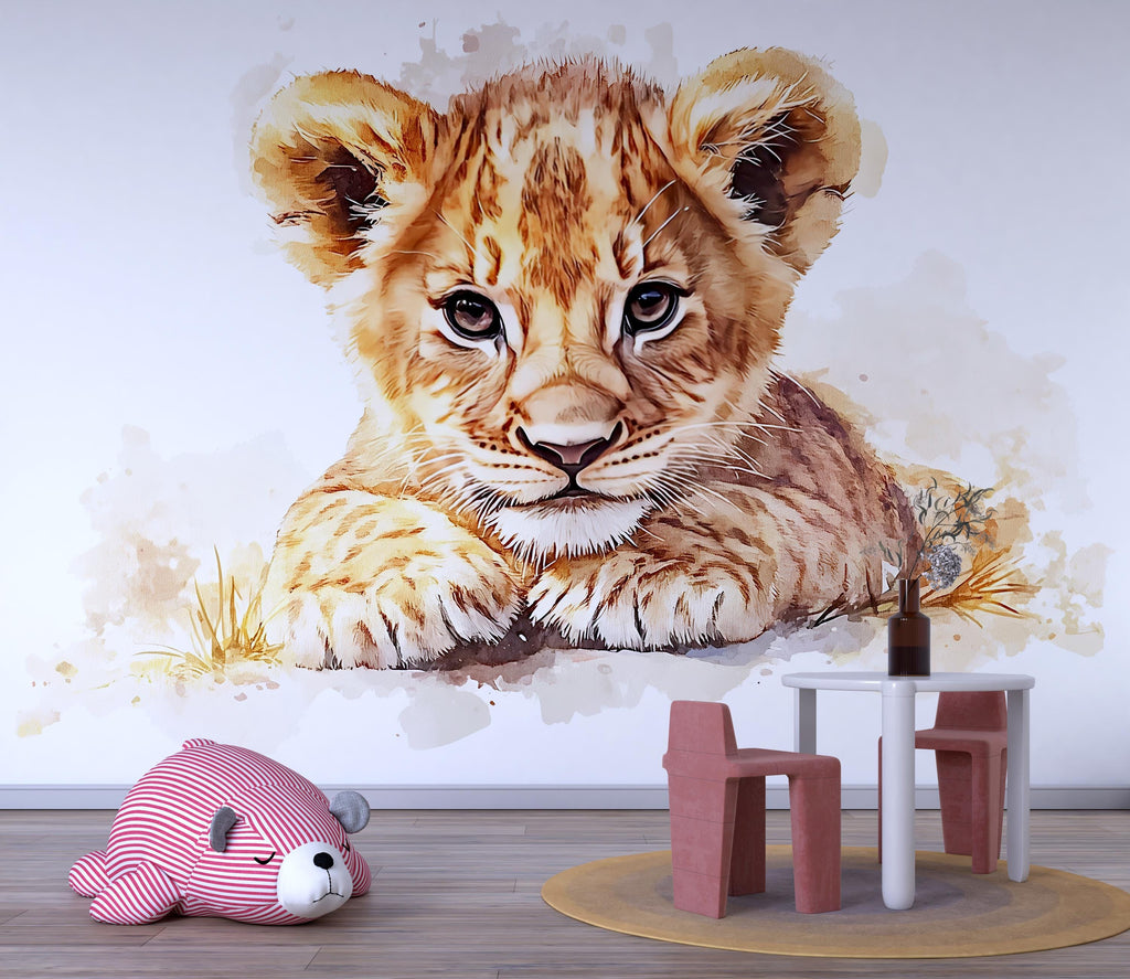 Watercolor Baby Lion Wall Decal | Safari Nursery Wall Sticker | Jungle Animal Mural for Baby Room | Kids Room Decor