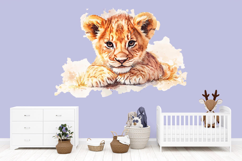 Watercolor Baby Lion Wall Decal | Safari Nursery Wall Sticker | Jungle Animal Mural for Baby Room | Kids Room Decor