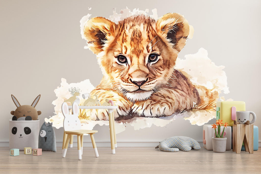 Watercolor Baby Lion Wall Decal | Safari Nursery Wall Sticker | Jungle Animal Mural for Baby Room | Kids Room Decor