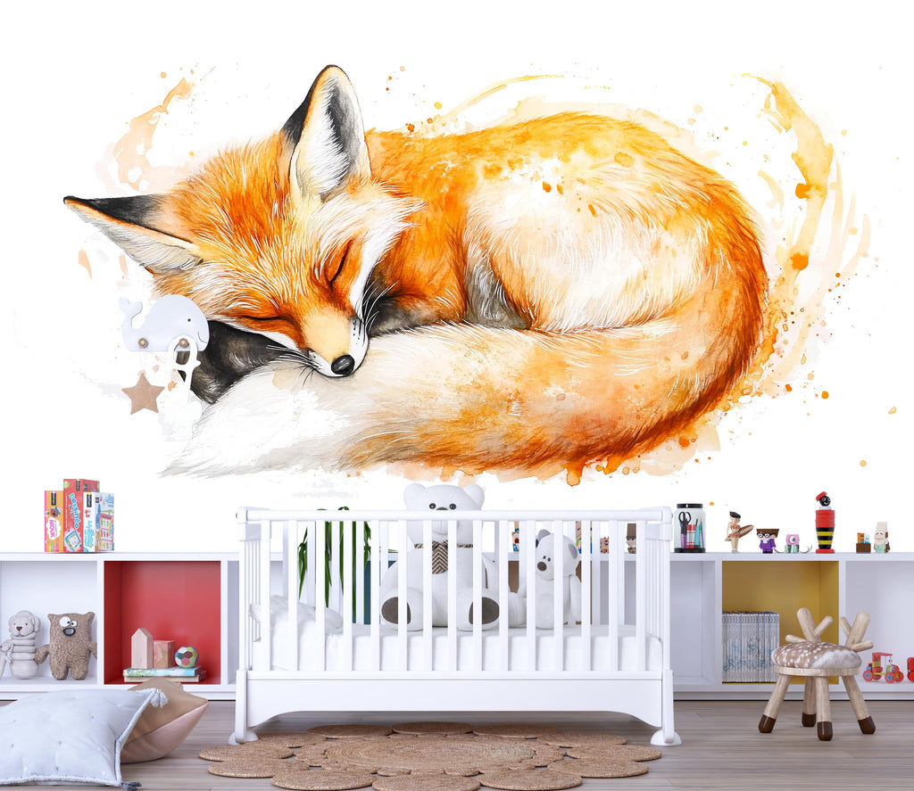 Watercolor Sleeping Fox Wall Decal | Woodland Nursery Wall Sticker | Cute Animal Mural for Baby Room | Kids Room Decor