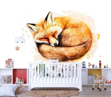 Load image into Gallery viewer, Watercolor Sleeping Fox Wall Decal | Woodland Nursery Wall Sticker | Cute Animal Mural for Baby Room | Kids Wall Art | Removable Vinyl