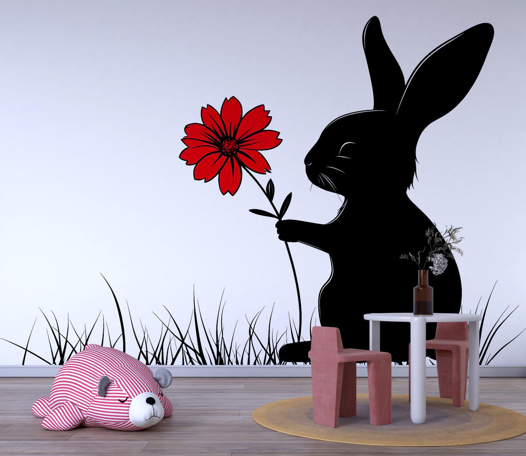 Bunny Silhouette Wall Decal with Flower | Cute Nursery Wall Sticker | Rabbit Wall Art for Baby Room | Playroom Decor