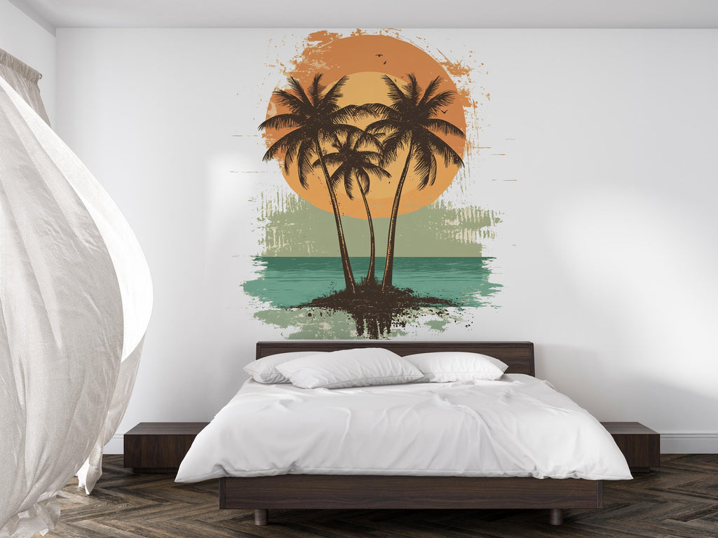 Tropical Palm Tree Sunset Wall Decal – Large Beach Mural for Bedroom, Coastal Boho Wall Art, Removable Vinyl Sticker 001mv