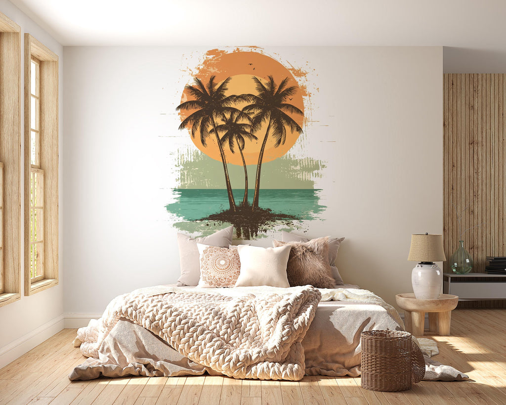 Tropical Palm Tree Sunset Wall Decal – Large Beach Mural for Bedroom, Coastal Boho Wall Art, Removable Vinyl Sticker 001mv
