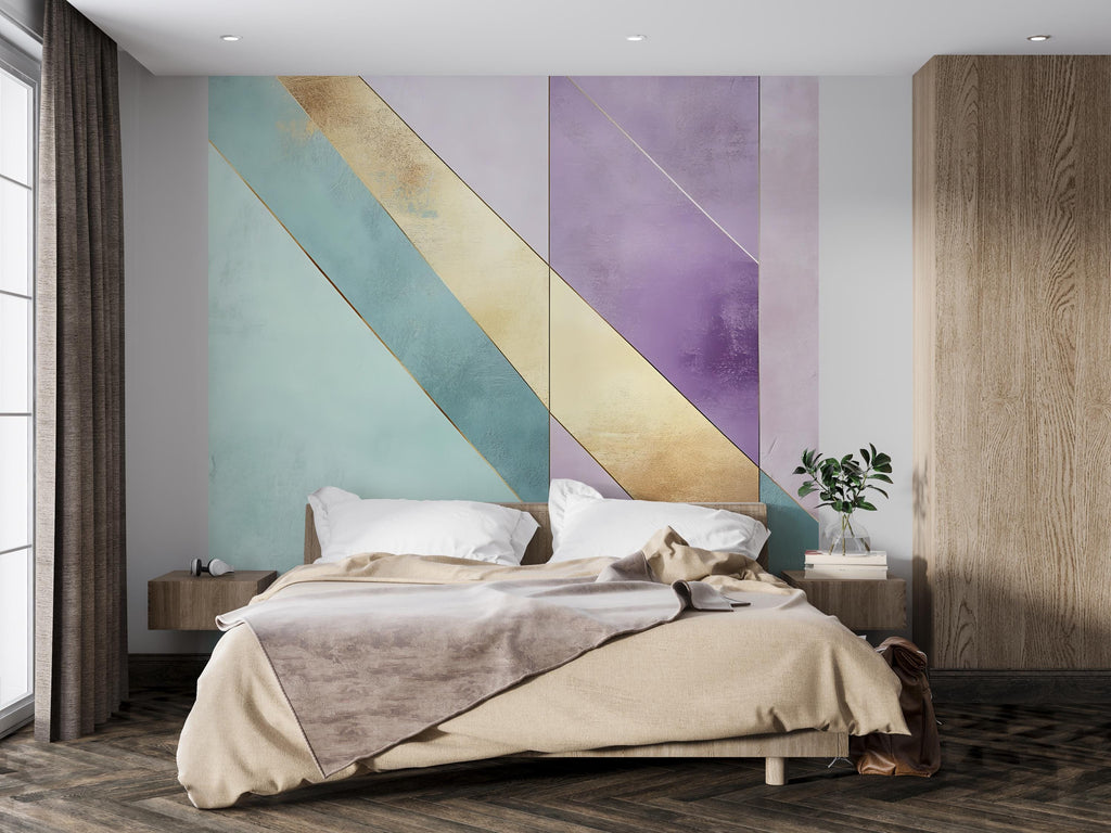 Pastel Geometric Wall Mural for Bedroom – Mint Lavender Gold Accent Wall Art, Large Modern Removable Decal 003mv