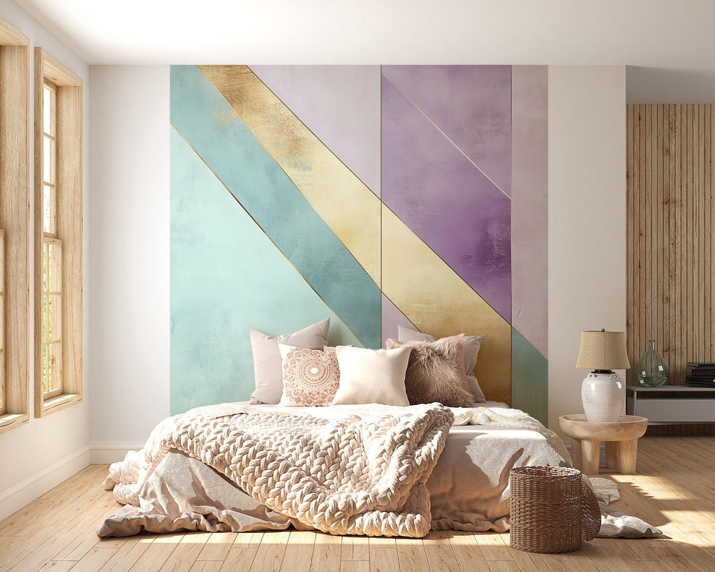 Pastel Geometric Wall Mural for Bedroom – Mint Lavender Gold Accent Wall Art, Large Modern Removable Decal 003mv