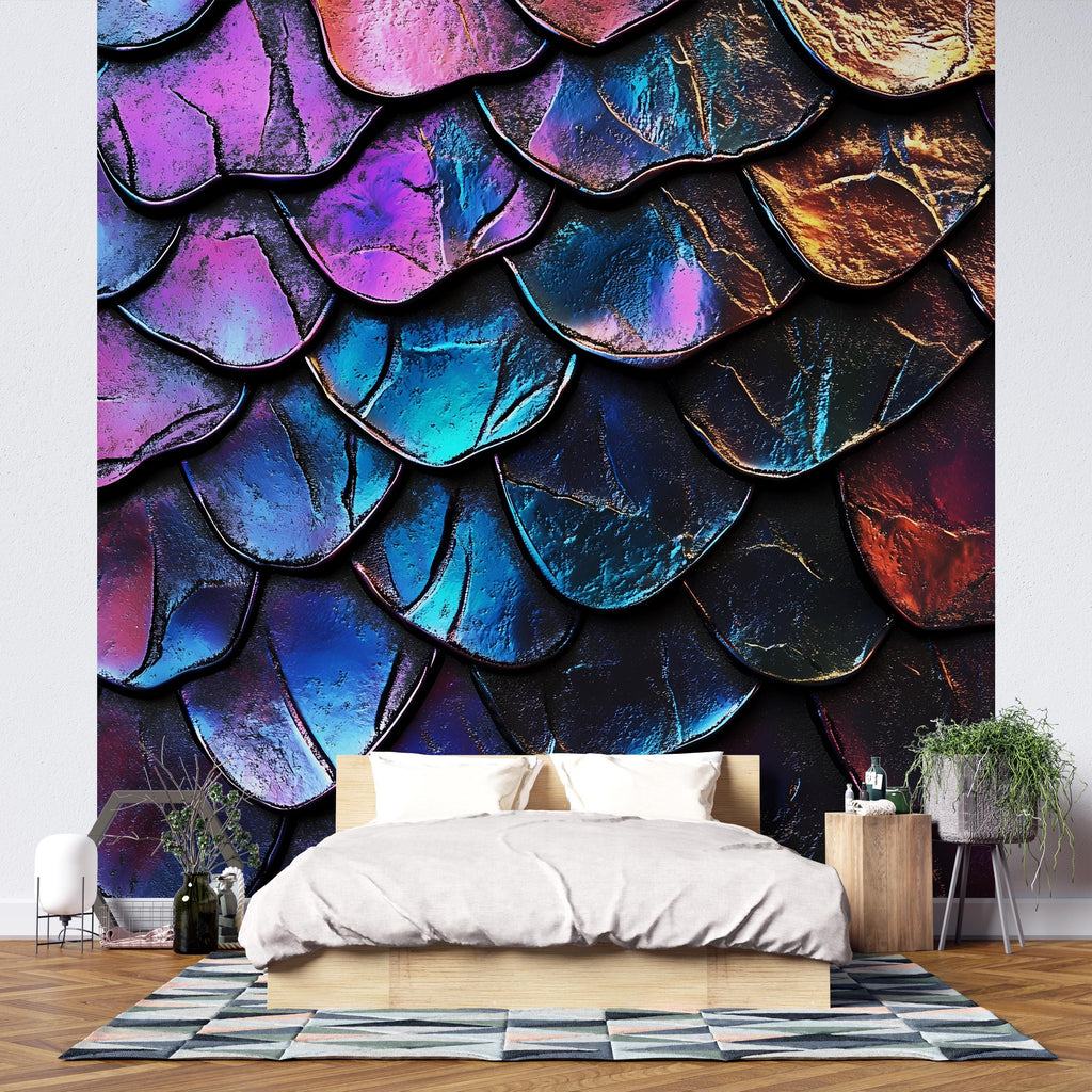 Iridescent Dragon Scale Wall Mural – Metallic Mermaid Scales Accent Wall Art, Colorful Removable Decal 004mv