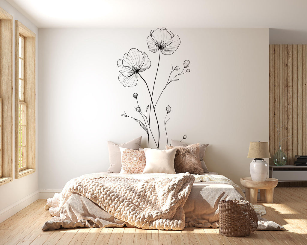 Minimalist Line Art Flower Wall Decal – Large Floral Bedroom Wall Sticker, Modern Boho Wall Art 006mv