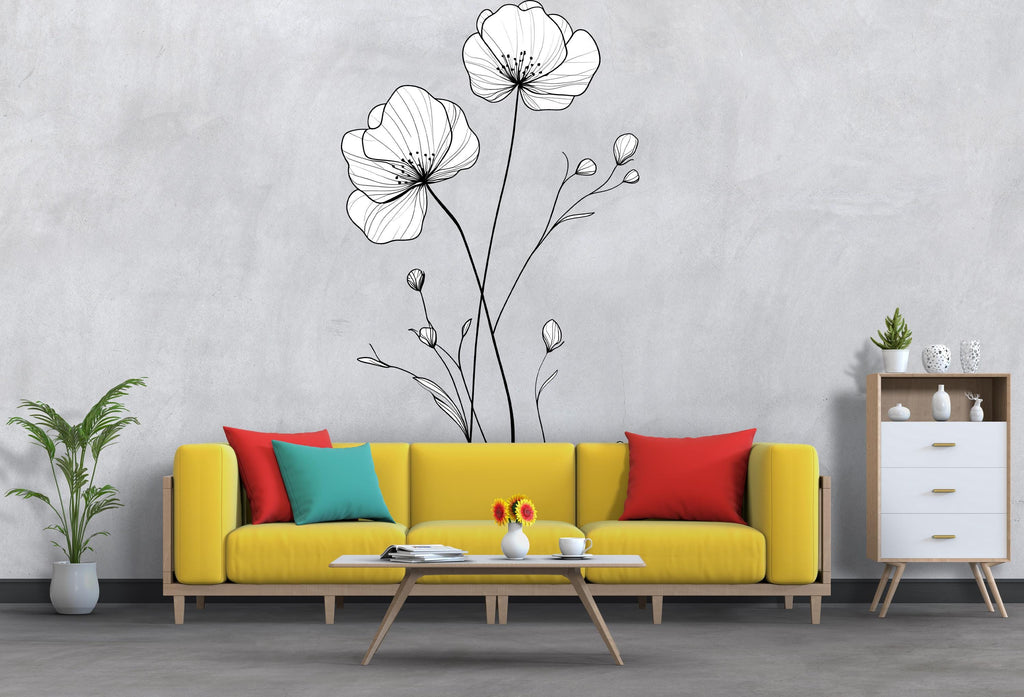 Minimalist Line Art Flower Wall Decal – Large Floral Bedroom Wall Sticker, Modern Boho Wall Art 006mv