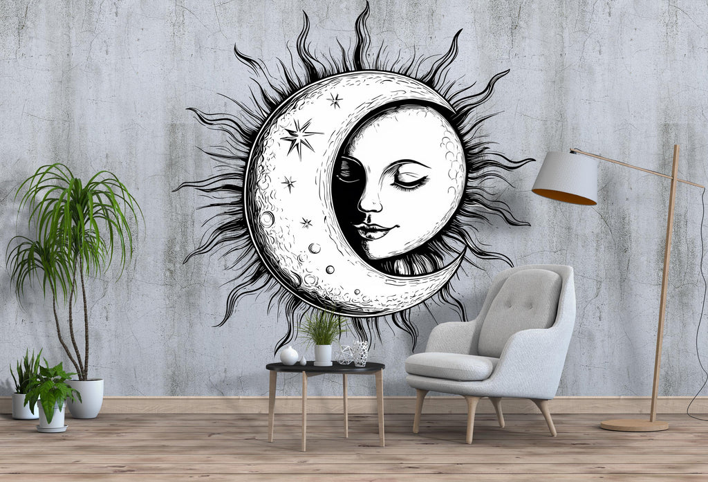 Sun and Moon Wall Decal – Large Celestial Bedroom Mural, Boho Witchy Line Art Wall Decor 008mv