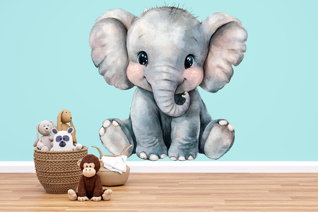 Cute Baby Elephant Nursery Wall Decal – Large Animal Wall Art, Gender Neutral Kids Room Decor 010mv