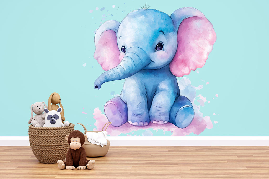 Blue Baby Elephant Nursery Wall Decal – Large Watercolor Animal Wall Art, Kids Room & Playroom Decor 011mv