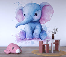 Load image into Gallery viewer, Blue Baby Elephant Nursery Wall Decal – Large Watercolor Animal Wall Art, Kids Room &amp; Playroom Decor 011mv