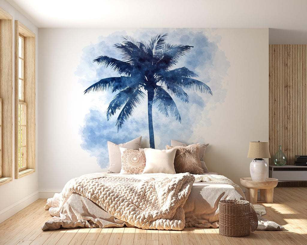 Blue Palm Tree Wall Mural – Tropical Bedroom Accent Wall Decal, Coastal Watercolor Art 018mv