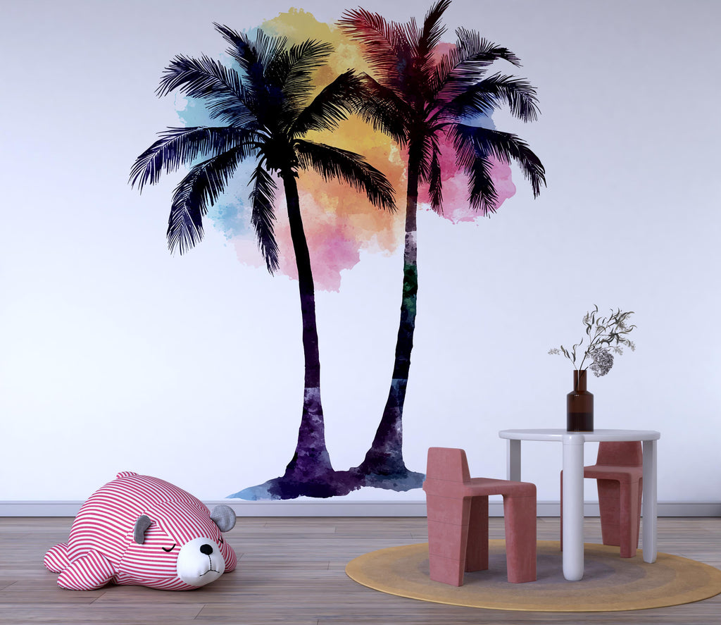 Tropical Palm Tree Nursery Wall Decal – Colorful Boho Beach Mural for Baby Room 019mv