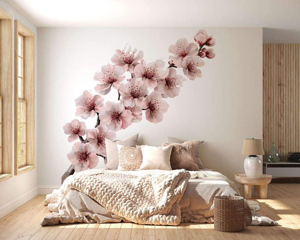 Cherry Blossom Wall Decal – Large Sakura Branch Mural for Bedroom Accent Wall 020mv