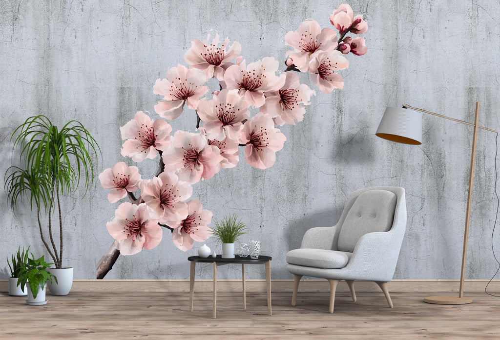 Cherry Blossom Wall Decal – Large Sakura Branch Mural for Bedroom Accent Wall 020mv
