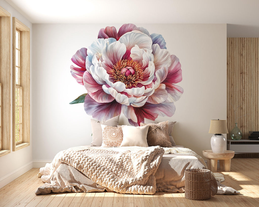 Large Peony Wall Mural – Watercolor Floral Bedroom Accent Wall Decal 022mv