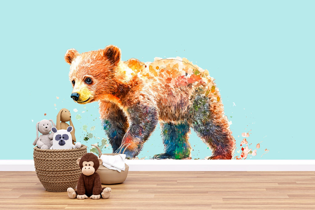 Colorful Baby Bear Wall Decal Watercolor Nursery Sticker | Woodland Animal Wall Art for Kids Room | Peel & Stick Removable Nursery Decor