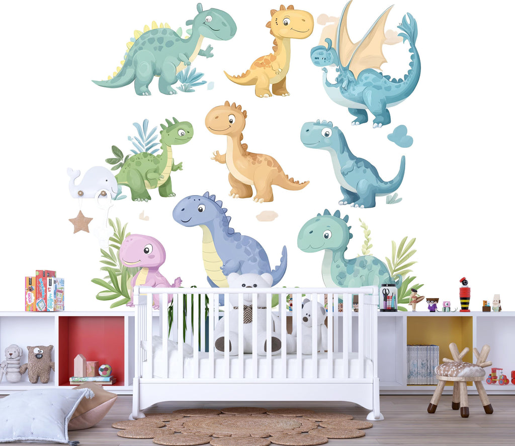 Dinosaur Wall Decal Set – Cute Kids Room Mural, Dinosaur Nursery & Playroom Decor 034mv