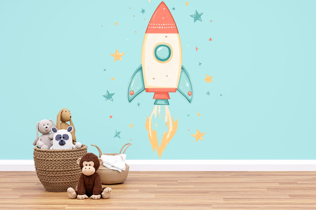 Rocket Ship Wall Decal – Space Nursery Kids Room Wall Art, Playroom Decor 038mv