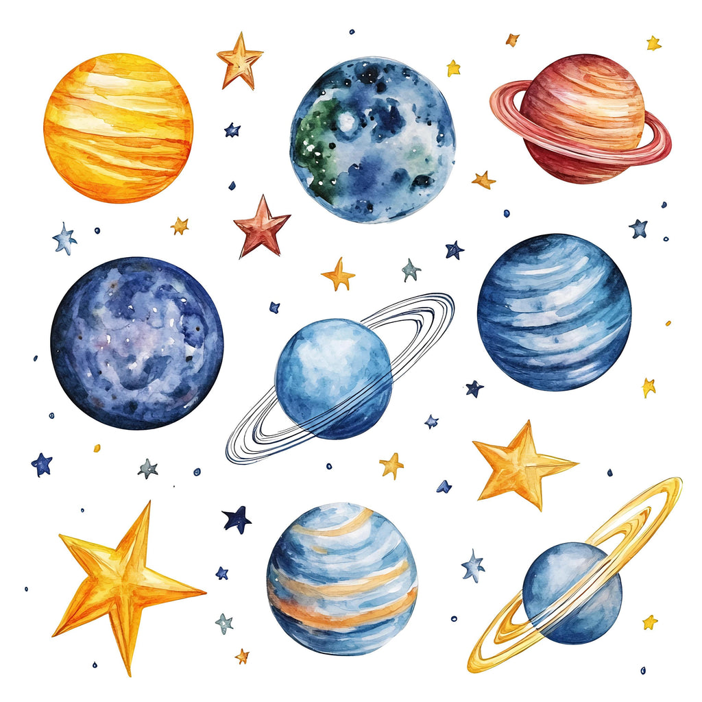 Watercolor Planet Wall Decals – Solar System Nursery Wall Art, Kids Space Room Decor 039mv