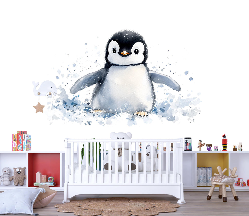 Watercolor Penguin Nursery Wall Decal – Large Baby Penguin Kids Room Wall Art 045mv