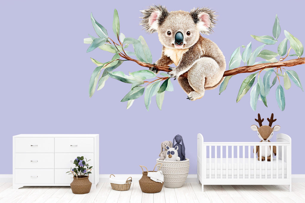 Koala Nursery Wall Decal – Watercolor Koala on Eucalyptus Branch, Baby Room Wall Art 049mv