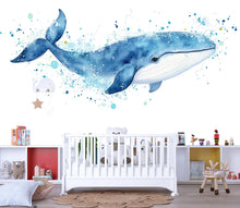 Load image into Gallery viewer, Watercolor Whale Nursery Wall Decal – Large Blue Whale Ocean Kids Room Wall Art 050mv