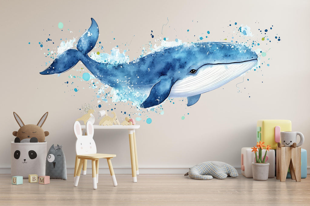 Watercolor Whale Nursery Wall Decal – Large Blue Whale Ocean Kids Room Wall Art 050mv