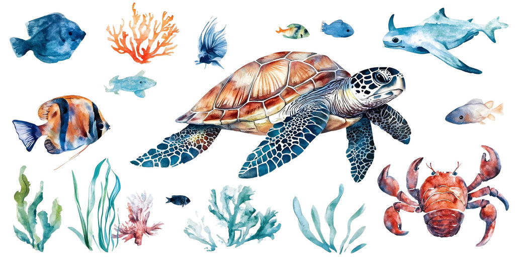 Sea Turtle Nursery Wall Decals – Underwater Ocean Animals Kids Room Wall Art Set 053mv