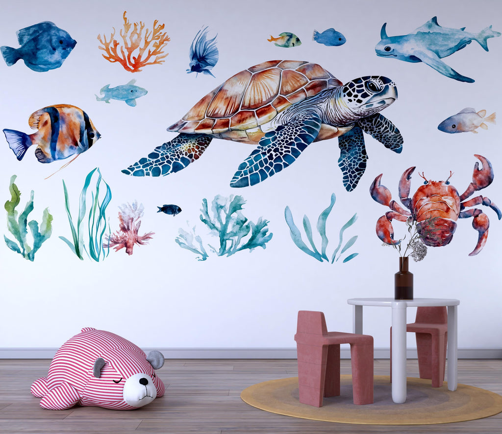 Sea Turtle Nursery Wall Decals – Underwater Ocean Animals Kids Room Wall Art Set 053mv