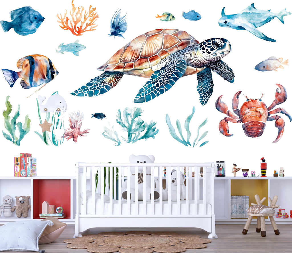 Sea Turtle Nursery Wall Decals – Underwater Ocean Animals Kids Room Wall Art Set 053mv