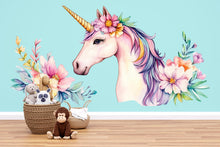 Load image into Gallery viewer, Unicorn Nursery Wall Decal – Floral Pastel Unicorn Above Crib, Girls Bedroom Wall Art 055mv