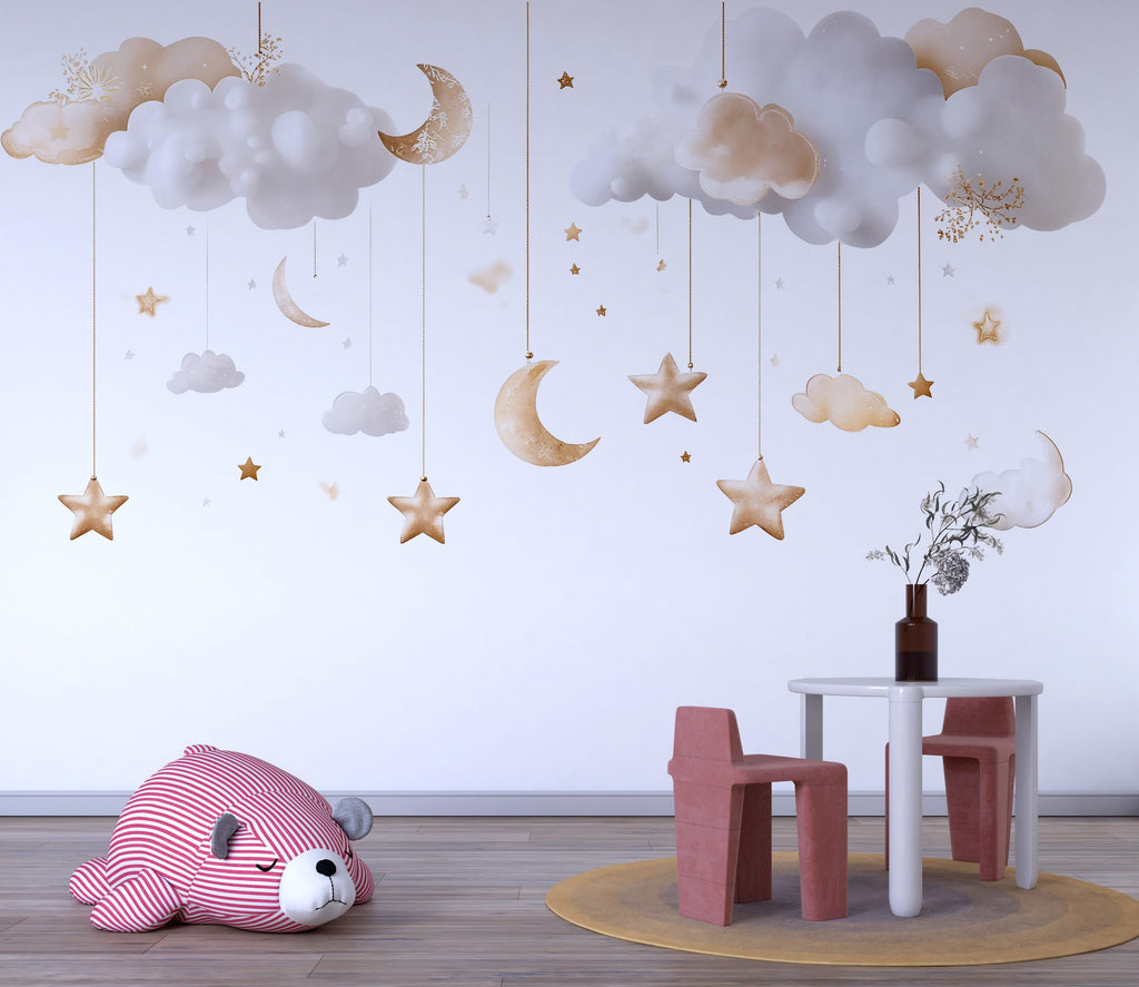 Cloud Moon Star Nursery Wall Decal – Neutral Above Crib Mobile Wall Art for Baby Room 058mv