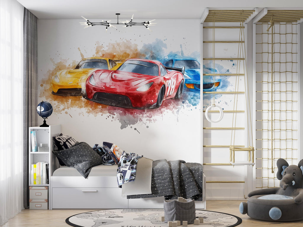 Race Car Wall Decal for Kids Room – Colorful Sports Car Mural, Boys Bedroom Wall Art 061mv