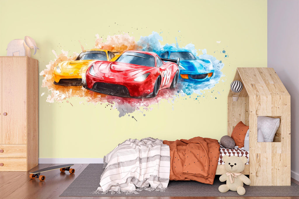Race Car Wall Decal for Kids Room – Colorful Sports Car Mural, Boys Bedroom Wall Art 061mv