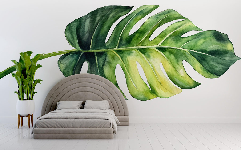 Monstera Leaf Wall Mural – Large Tropical Botanical Wall Decal for Bedroom, Oversized Green Plant Wall Art 062mv