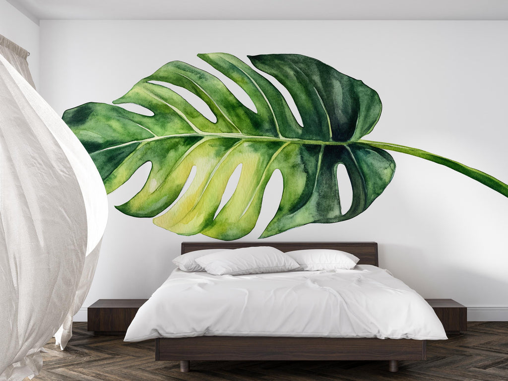 Monstera Leaf Wall Mural – Large Tropical Botanical Wall Decal for Bedroom, Oversized Green Plant Wall Art 062mv