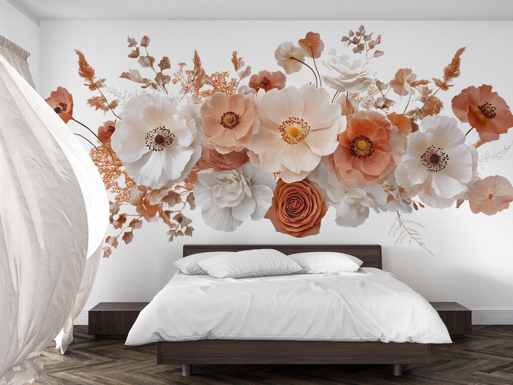 Terracotta Floral Wall Mural for Bedroom – Large Above Bed Flower Wallpaper, Boho Neutral Removable Wall Decal 063mv