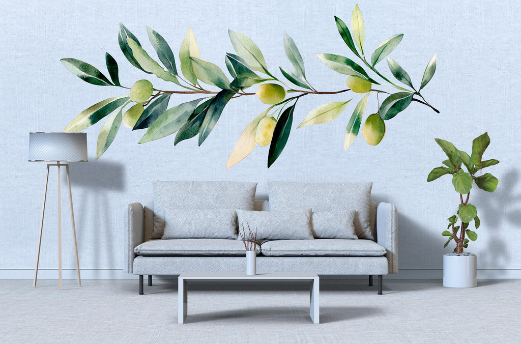 Olive Branch Wall Mural for Bedroom – Large Watercolor Olive Leaf Above Bed Wall Decal 064mv