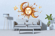 Load image into Gallery viewer, Celestial Sun and Moon Wall Mural – Boho Gold Above Bed Bedroom Wall Decal 065mv