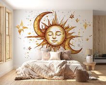 Load image into Gallery viewer, Celestial Sun and Moon Wall Mural – Boho Gold Above Bed Bedroom Wall Decal 065mv