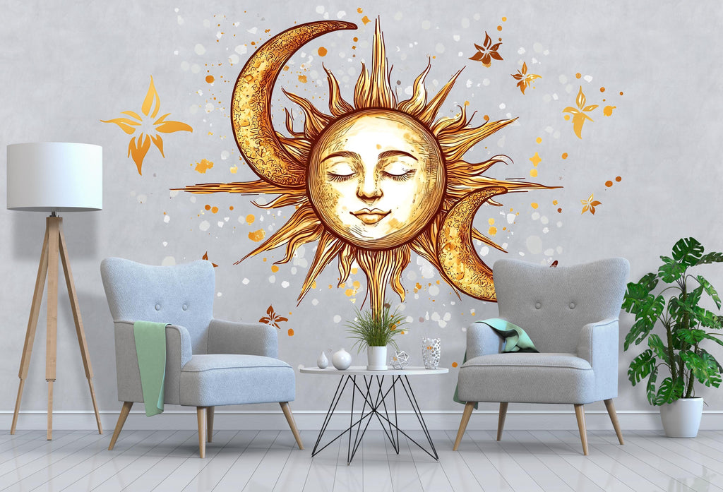 Celestial Sun and Moon Wall Mural – Boho Gold Above Bed Bedroom Wall Decal 065mv