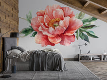 Load image into Gallery viewer, Large Peony Wall Decal – Coral Watercolor Flower Mural Above Bed, Boho Floral Bedroom Wall Art 069mv