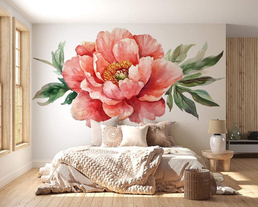 Large Peony Wall Decal – Coral Watercolor Flower Mural Above Bed, Boho Floral Bedroom Wall Art 069mv
