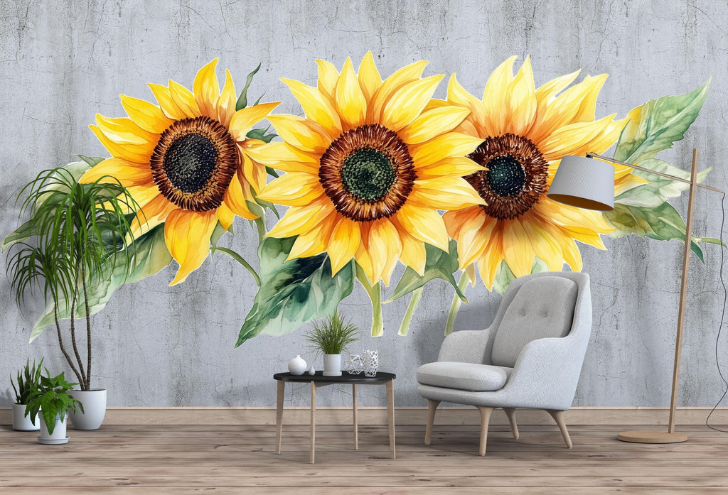 Large Sunflower Wall Decal – Watercolor Sunflower Mural for Living Room, Bright Floral Statement Wall Art 070mv