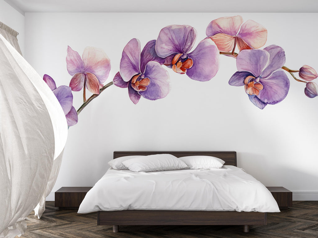 Orchid Wall Decal for Bedroom – Watercolor Purple Flower Branch Mural Above Bed, Large Floral Peel and Stick Wall Art 074mv