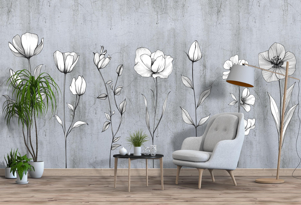 Minimalist Flower Wall Decal – Black Line Art Floral Mural for Living Room, Tall Botanical Wall Sticker 075mv