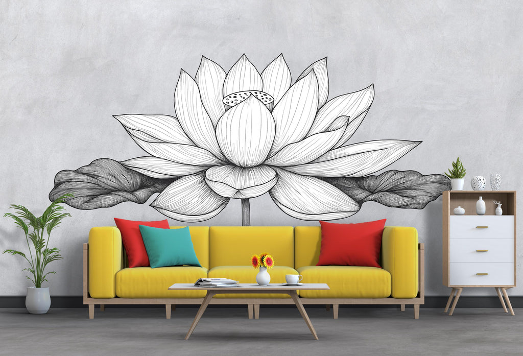 Large Lotus Flower Wall Decal – Black Line Art Mural Above Bed, Minimalist Zen Bedroom & Yoga Studio Wall Decor 076mv